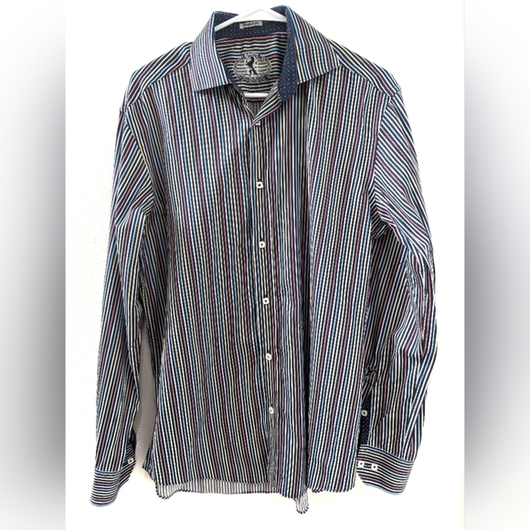 Bugatchi Shaped Fit Medium Dress Shirt Flip Cuff Striped Colorful Long Sleeve - Picture 1 of 7